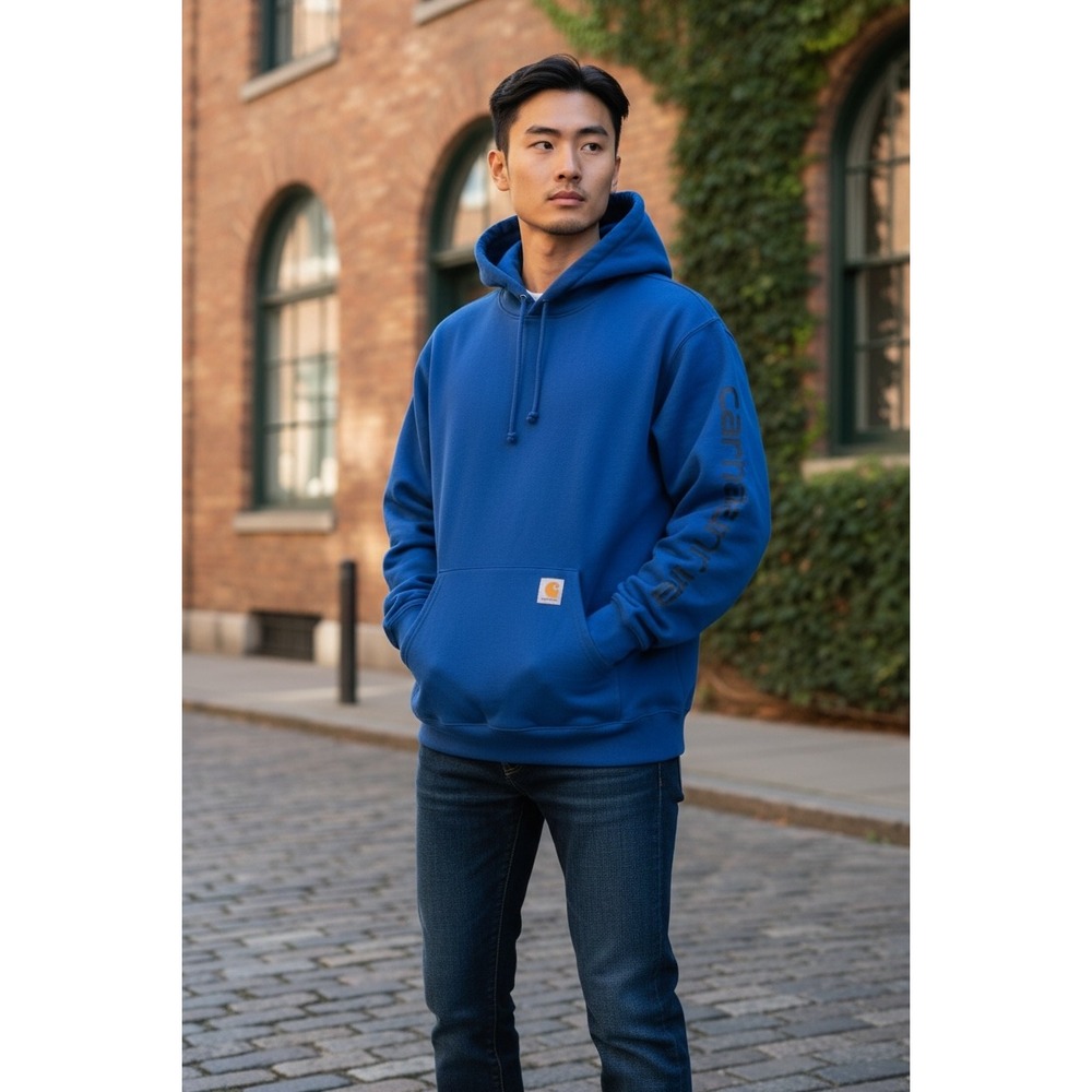 Carhartt Mens K288 Loose Fit Logo Sleeve Hoodie Royal Blue Large - Picture 3 of 8